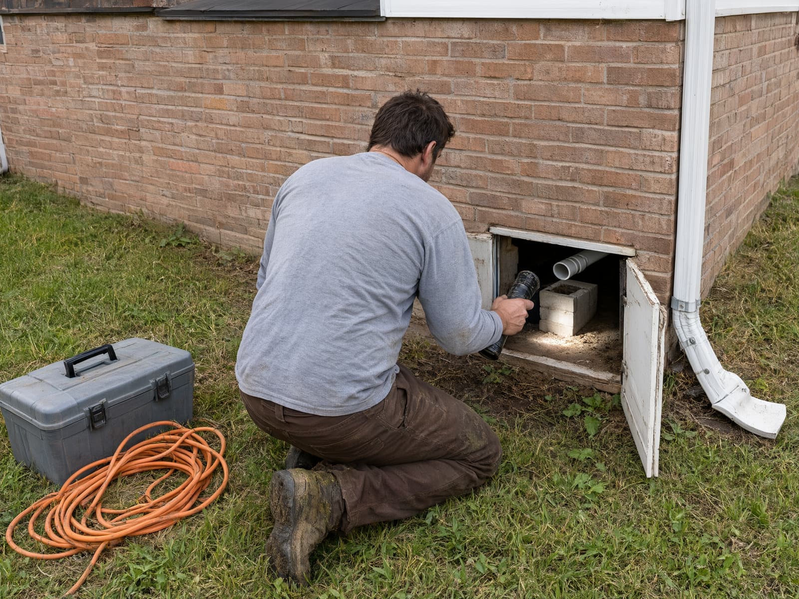 Worker kneeling at an open crawl space door in a brick foundation, shining a flashlight inside