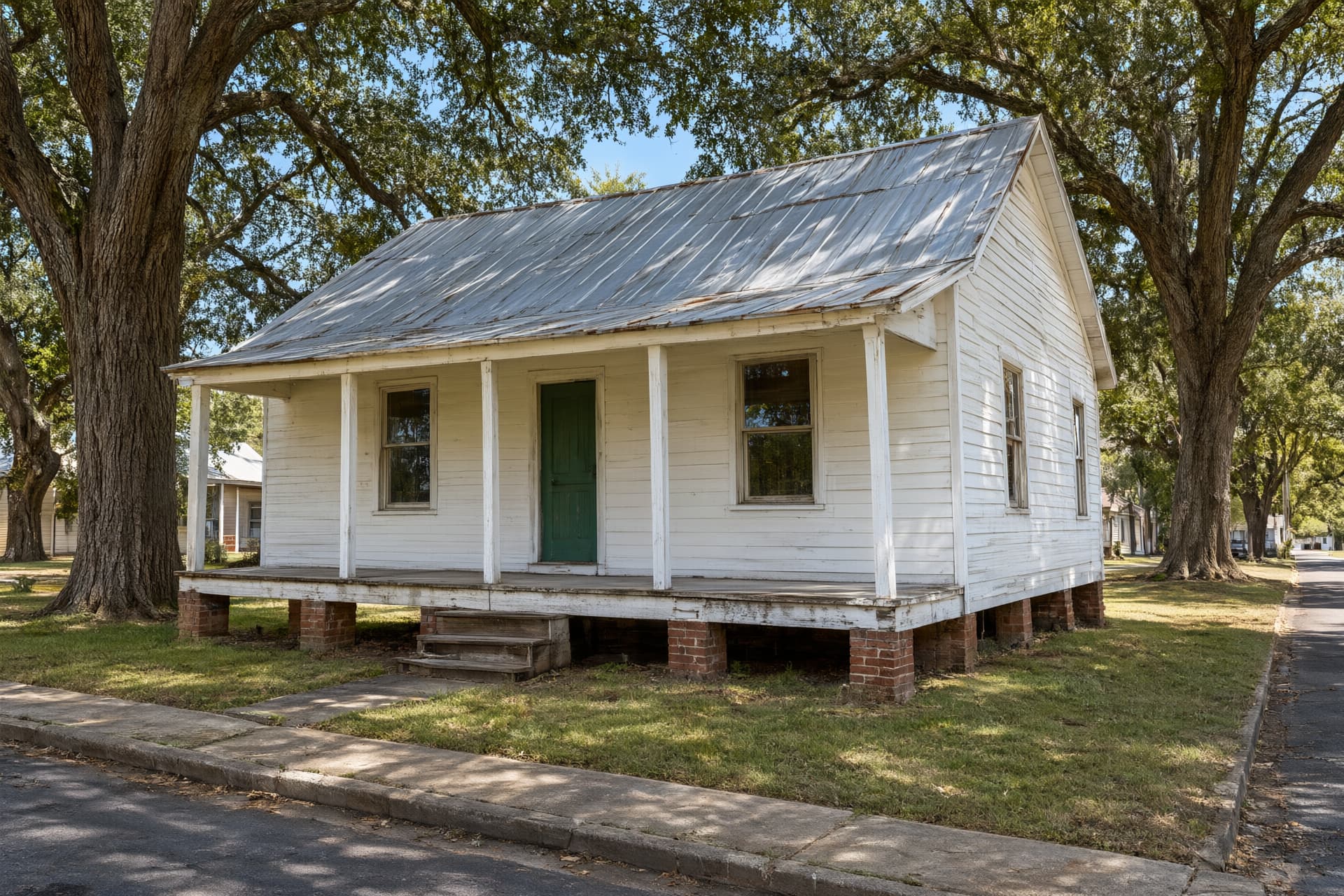 Small white wood-sided mill house with a tin roof and a front porch on brick piers