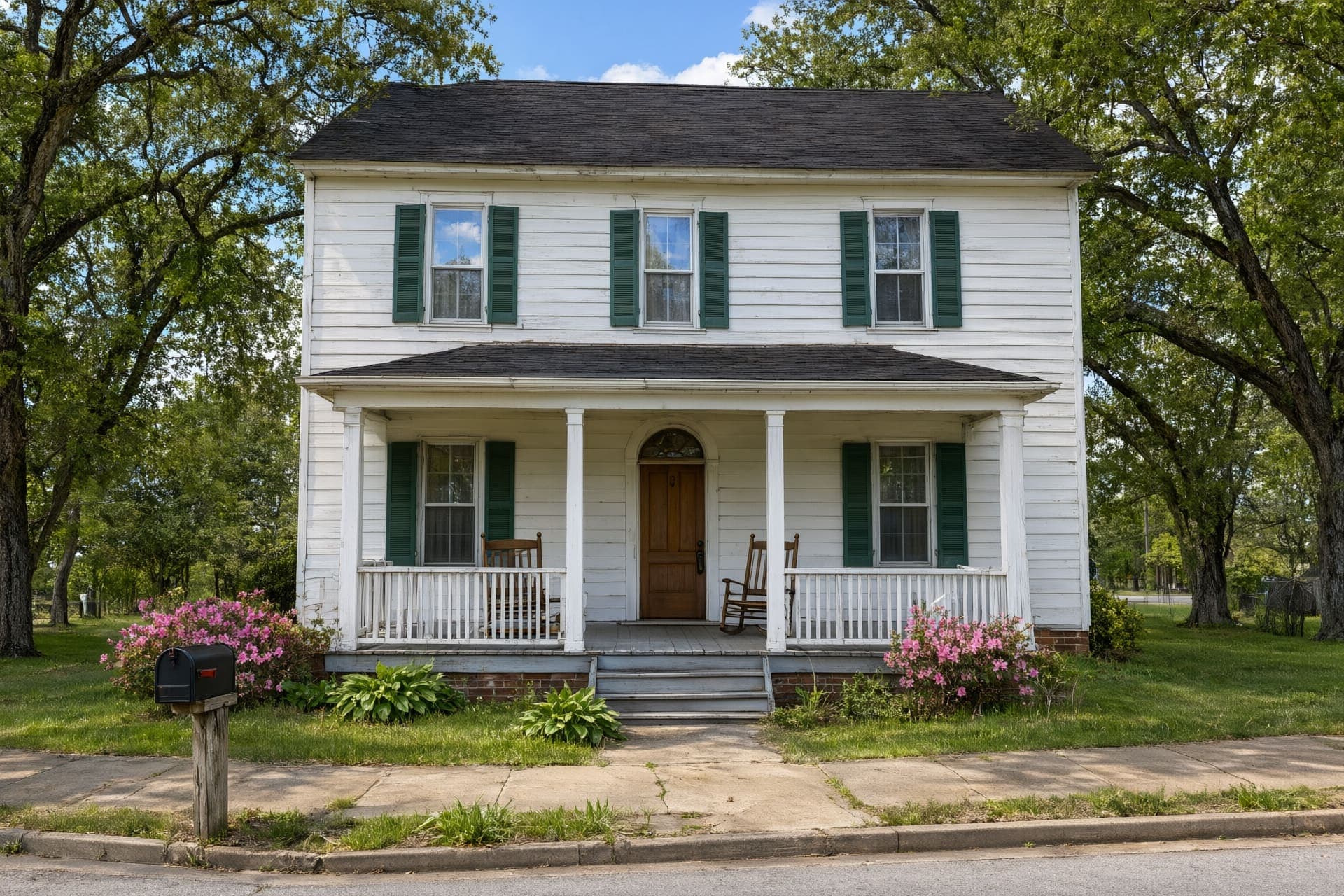 White two-story frame house with green shutters and a front porch with rocking chairs