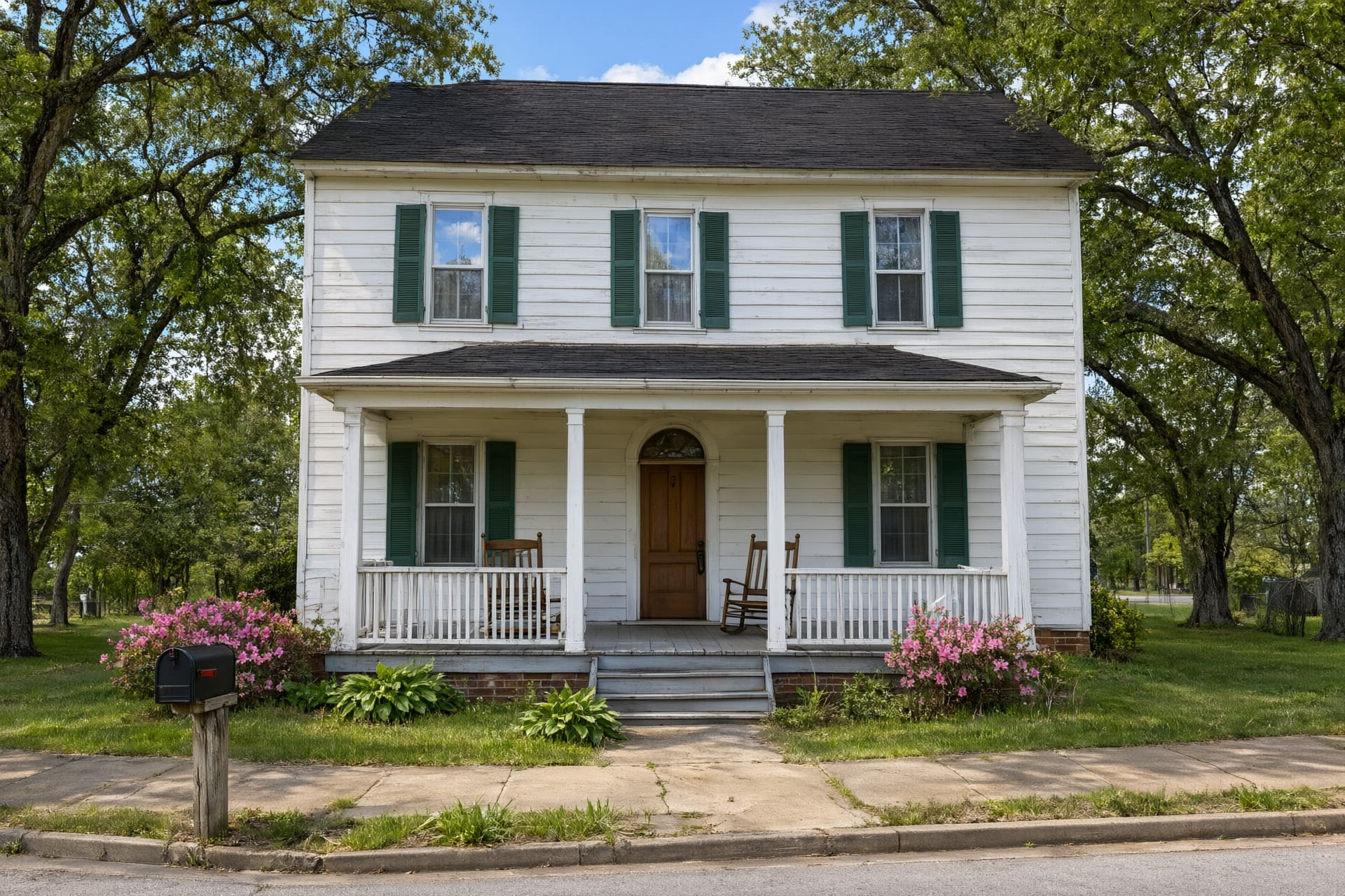 White two-story frame house with green shutters and a front porch with rocking chairs