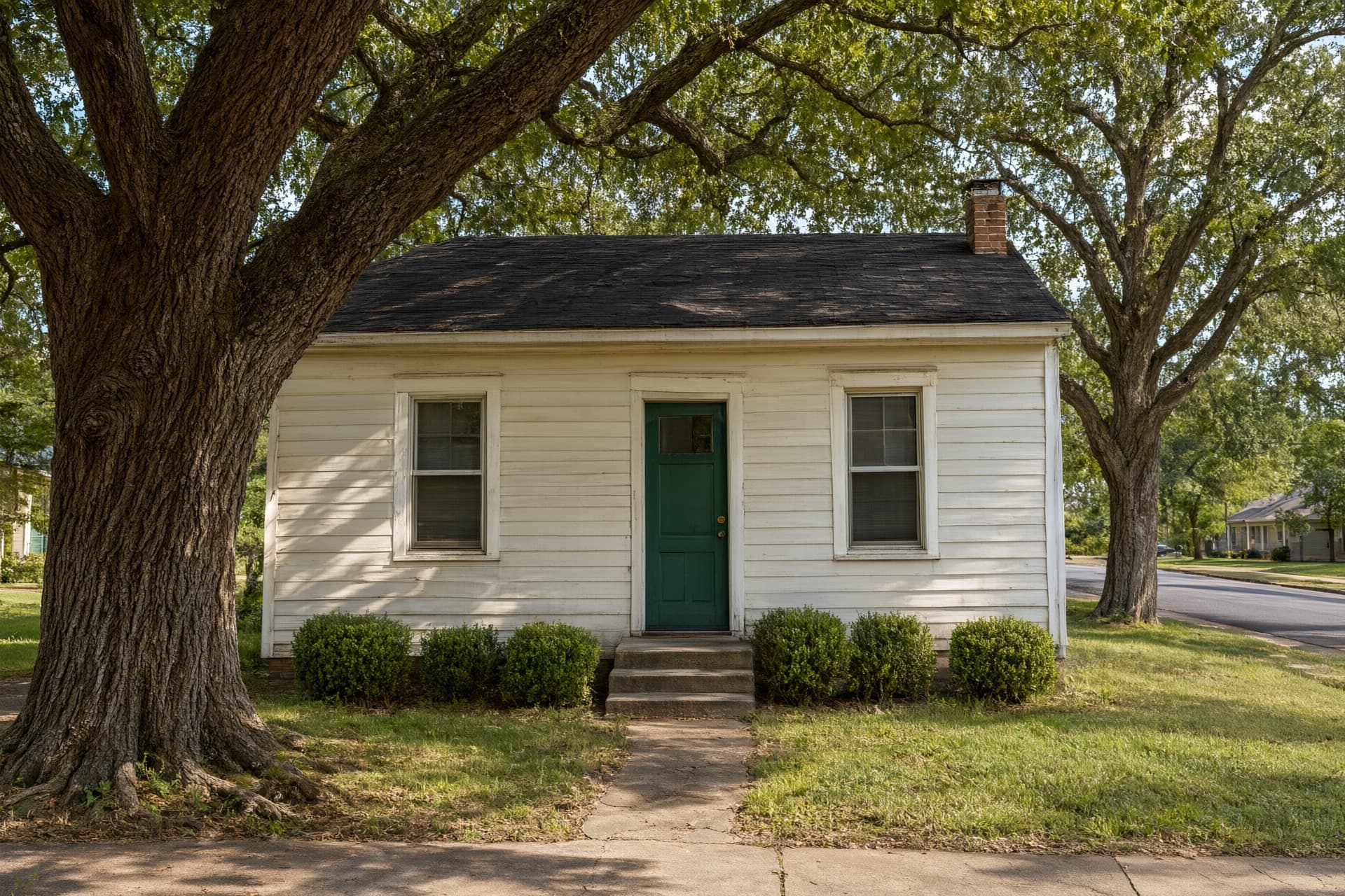 Small white one-story frame house with a green front door under large oak trees
