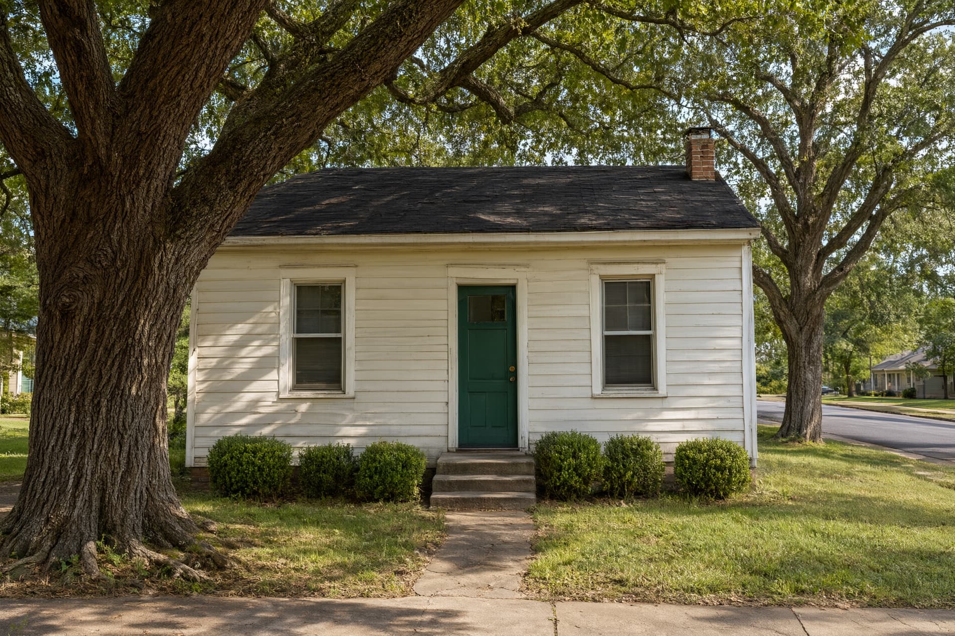 Small white one-story frame house with a green front door under large oak trees