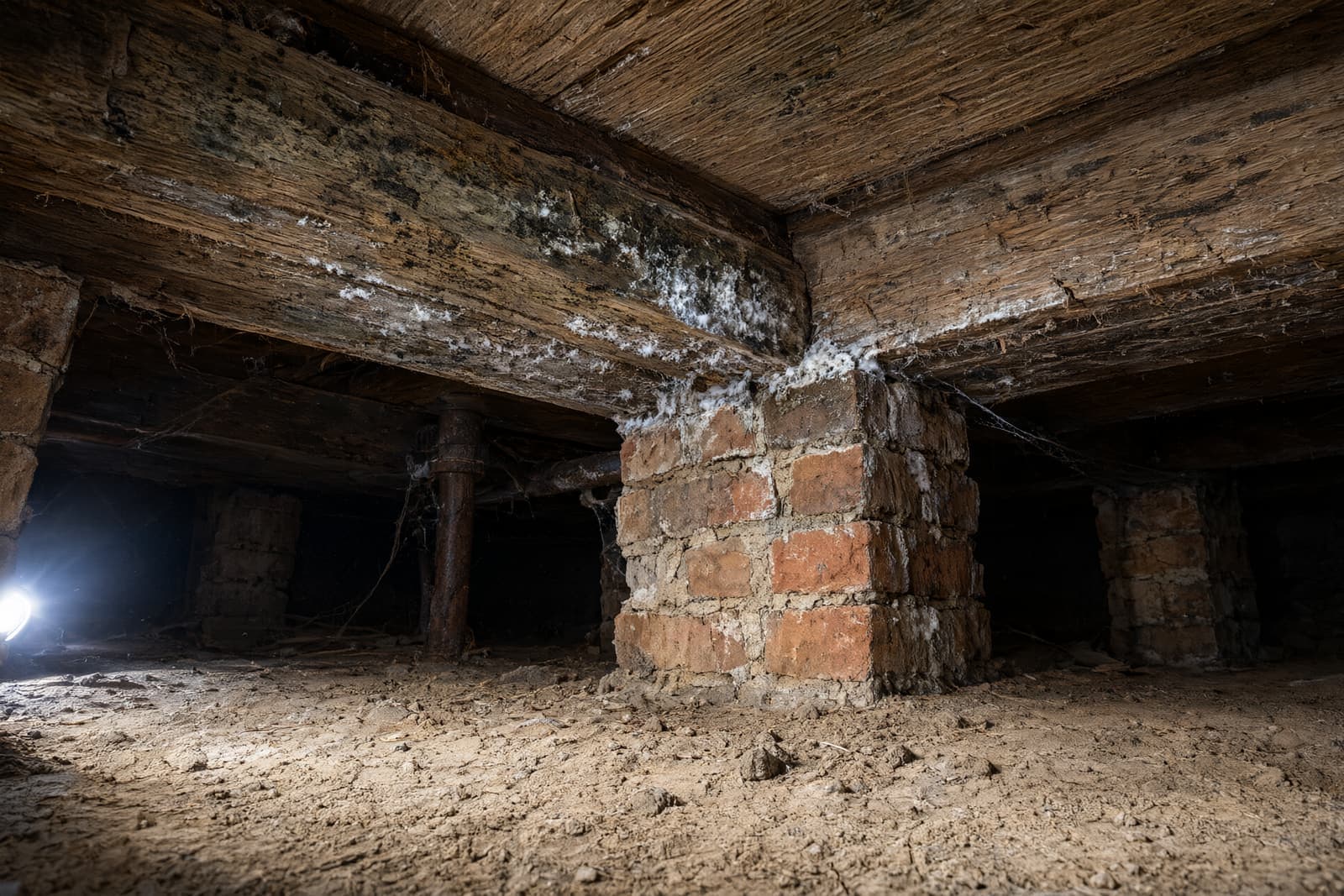 Old wooden floor joists with dark mold spots and white growth above a brick pier under a house