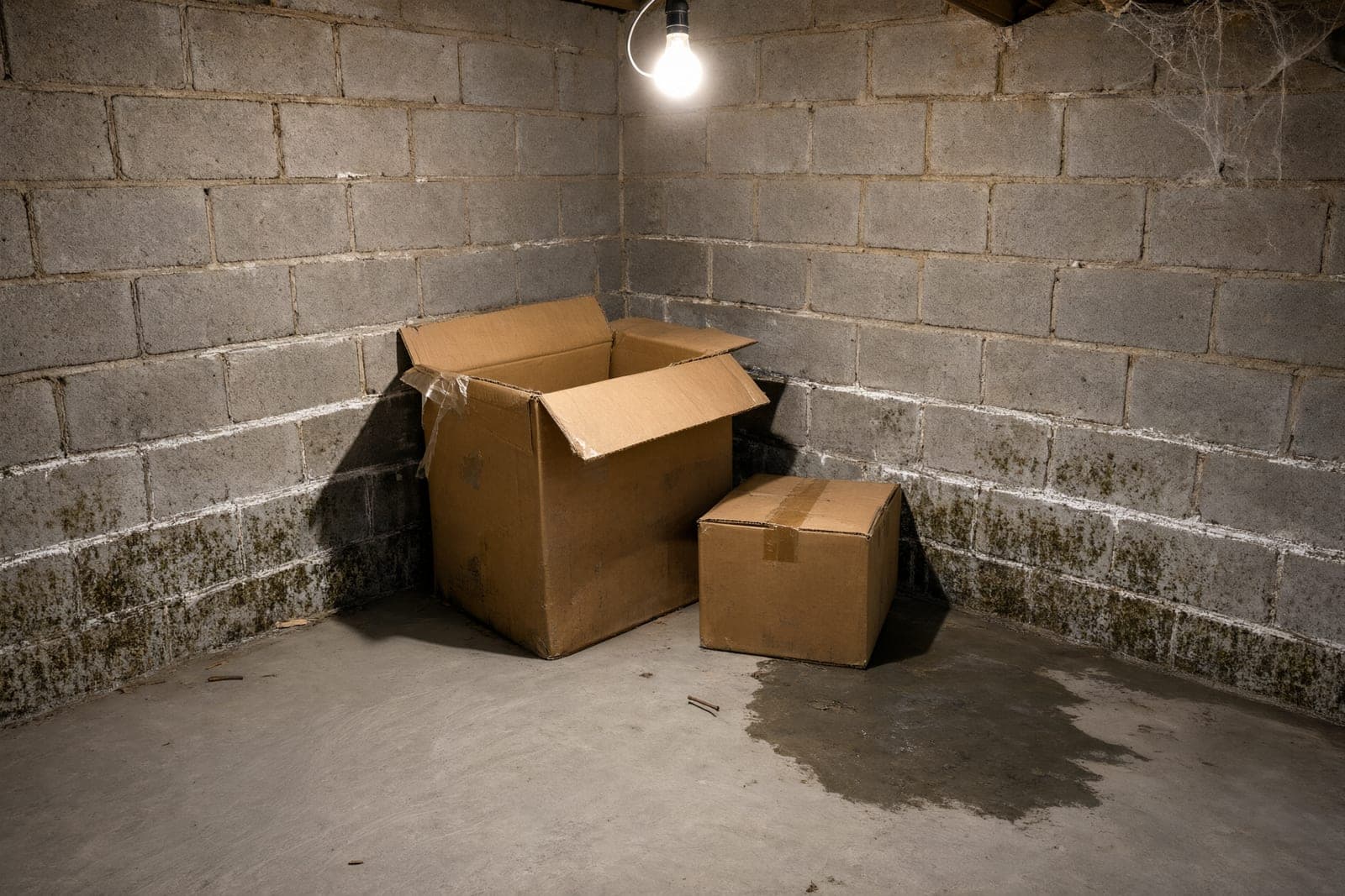 Basement block wall with white mineral stains and dark mold on the lowest blocks beside cardboard boxes