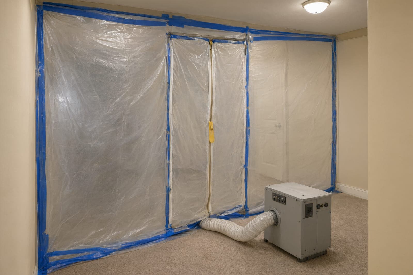 Plastic containment wall with a zipper door and an air scrubber with a flexible duct in a hallway