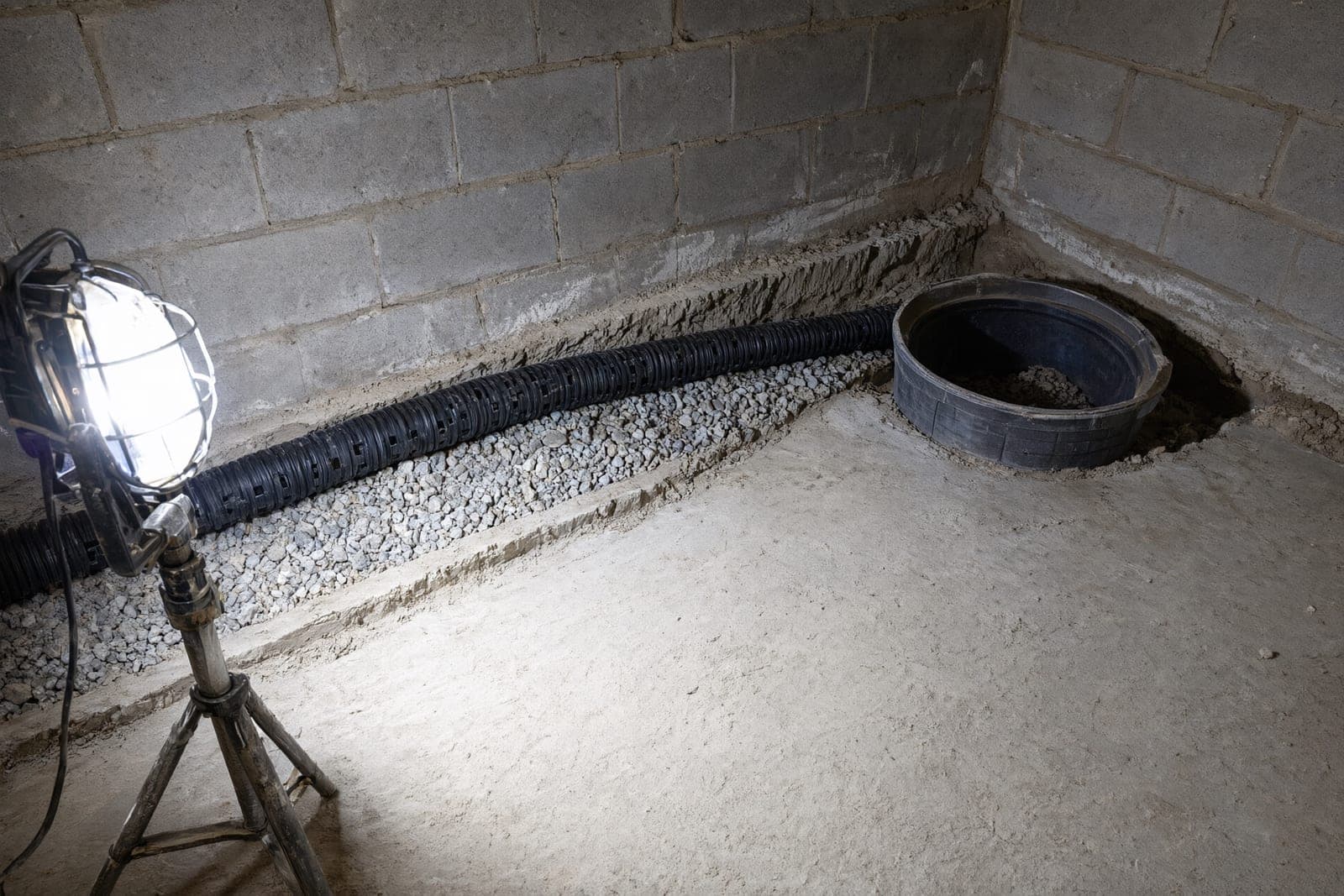 Basement floor with a new perimeter trench holding gravel and a black drain pipe leading to a sump basin