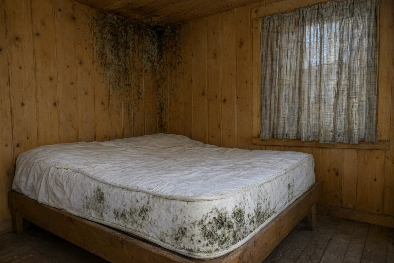 Wood-paneled cabin bedroom with mold in the ceiling corner and on the side of a bare mattress