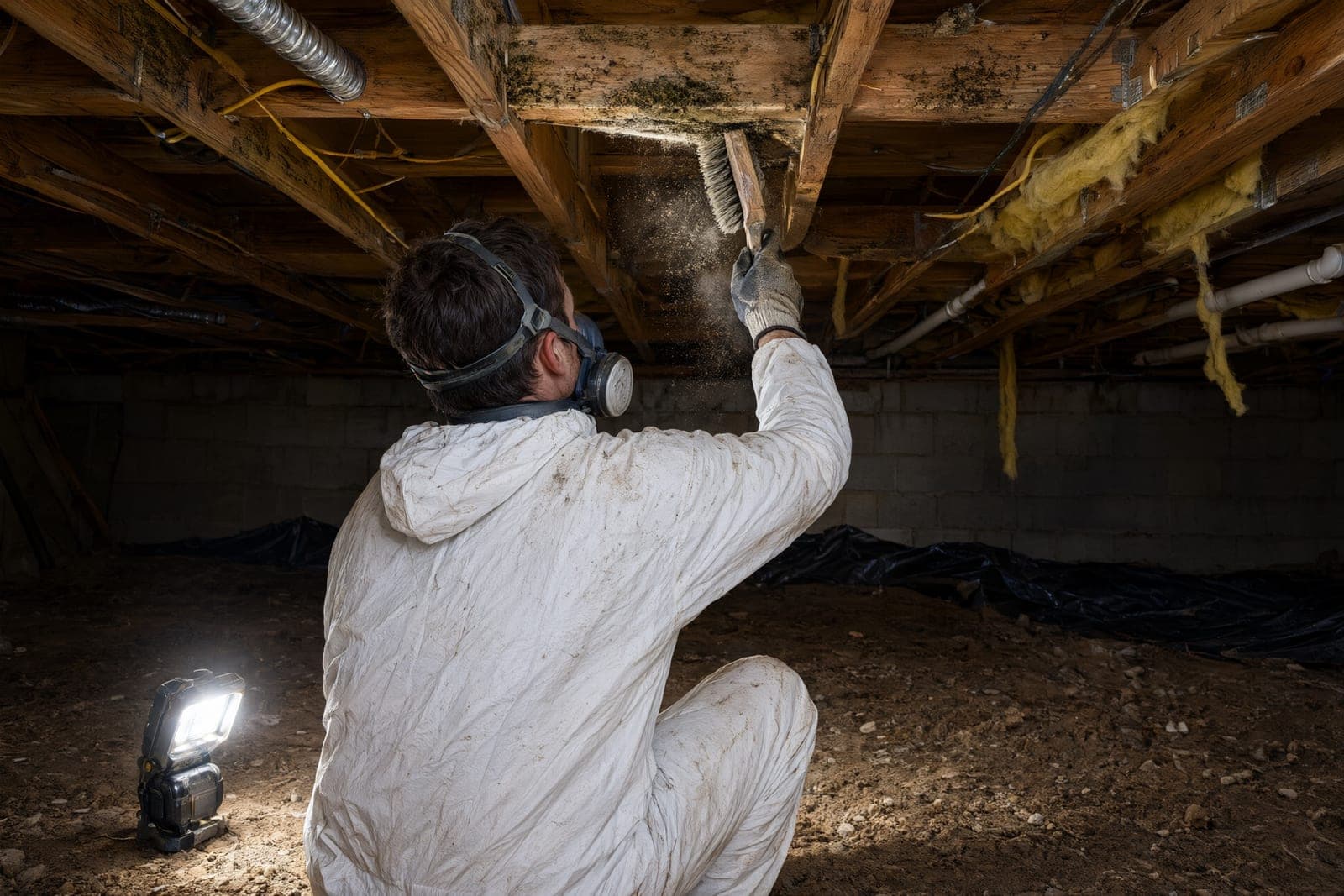 Worker in white coveralls and a respirator brushing mold off crawl space floor joists