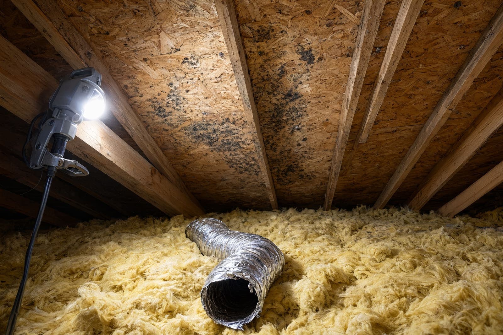 Black mold spots on attic roof sheathing above fiberglass insulation, with a loose bath fan duct