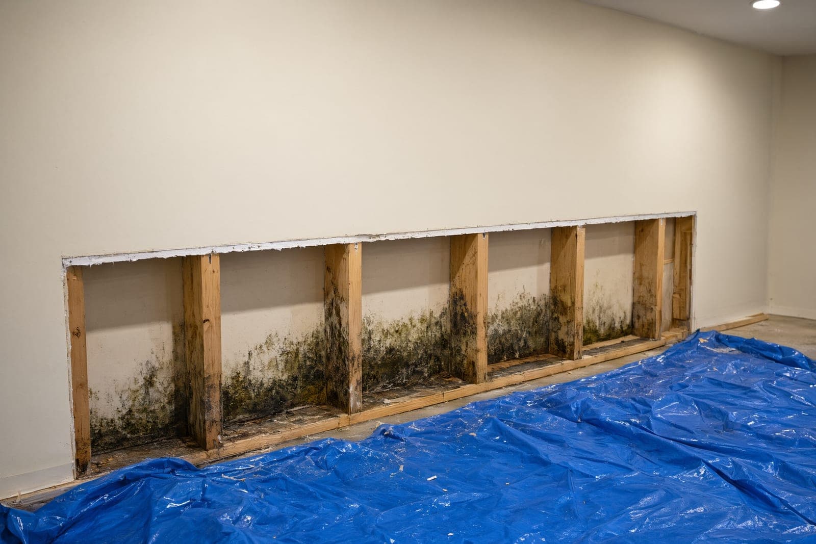 Basement wall with the bottom of the drywall cut out, showing studs and moldy wall cavities over a blue tarp