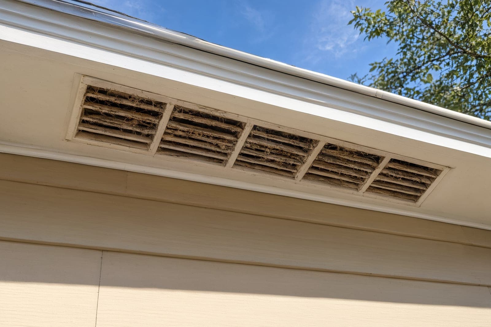 Soffit vent under a roof eave clogged with dust and debris