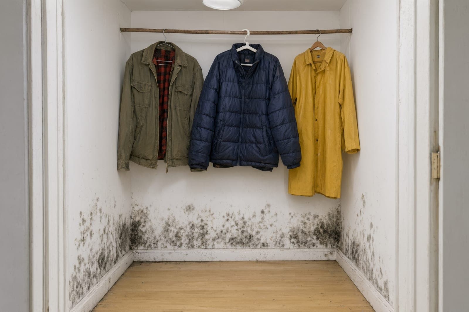 Closet with mold spots along the bottom of the white walls behind three hanging jackets
