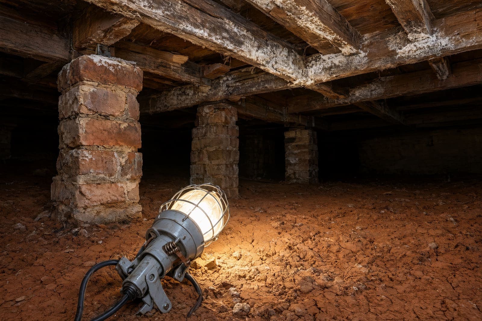 Crawl space with brick piers, white mold on old wooden beams and bare red clay soil under a work light
