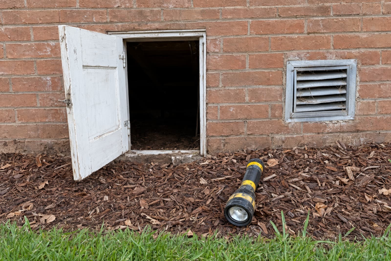 Open crawl space access door and a metal foundation vent in the brick wall of a ranch house