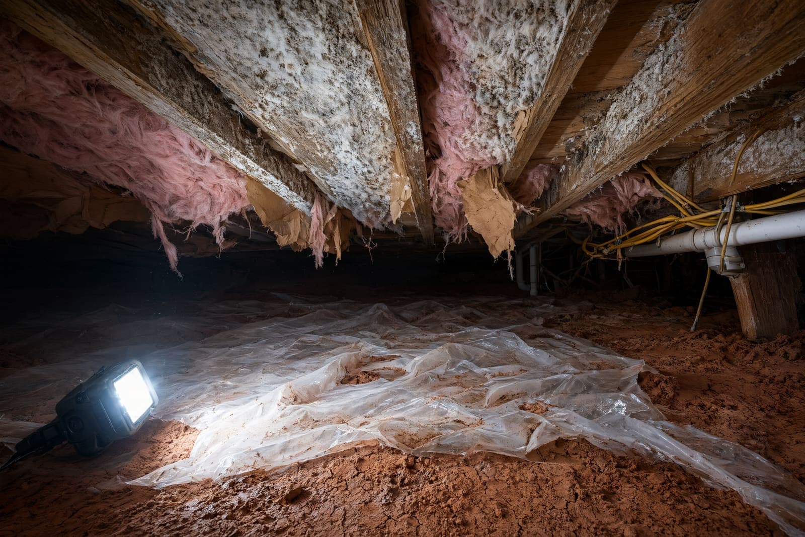 Crawl space with white and gray mold on the floor joists and sagging pink fiberglass insulation
