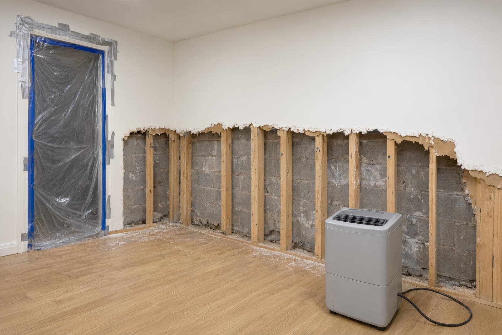 Finished basement with the bottom of the drywall cut away, plastic over the doorway and a dehumidifier