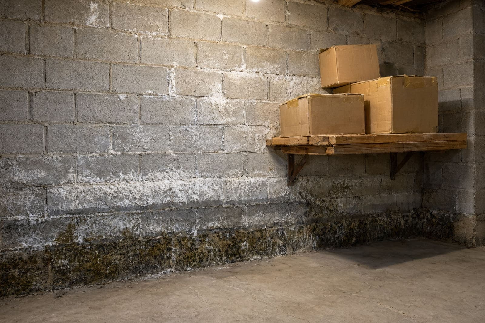 Concrete block basement wall with white efflorescence and dark mold along the floor beside a shelf of boxes