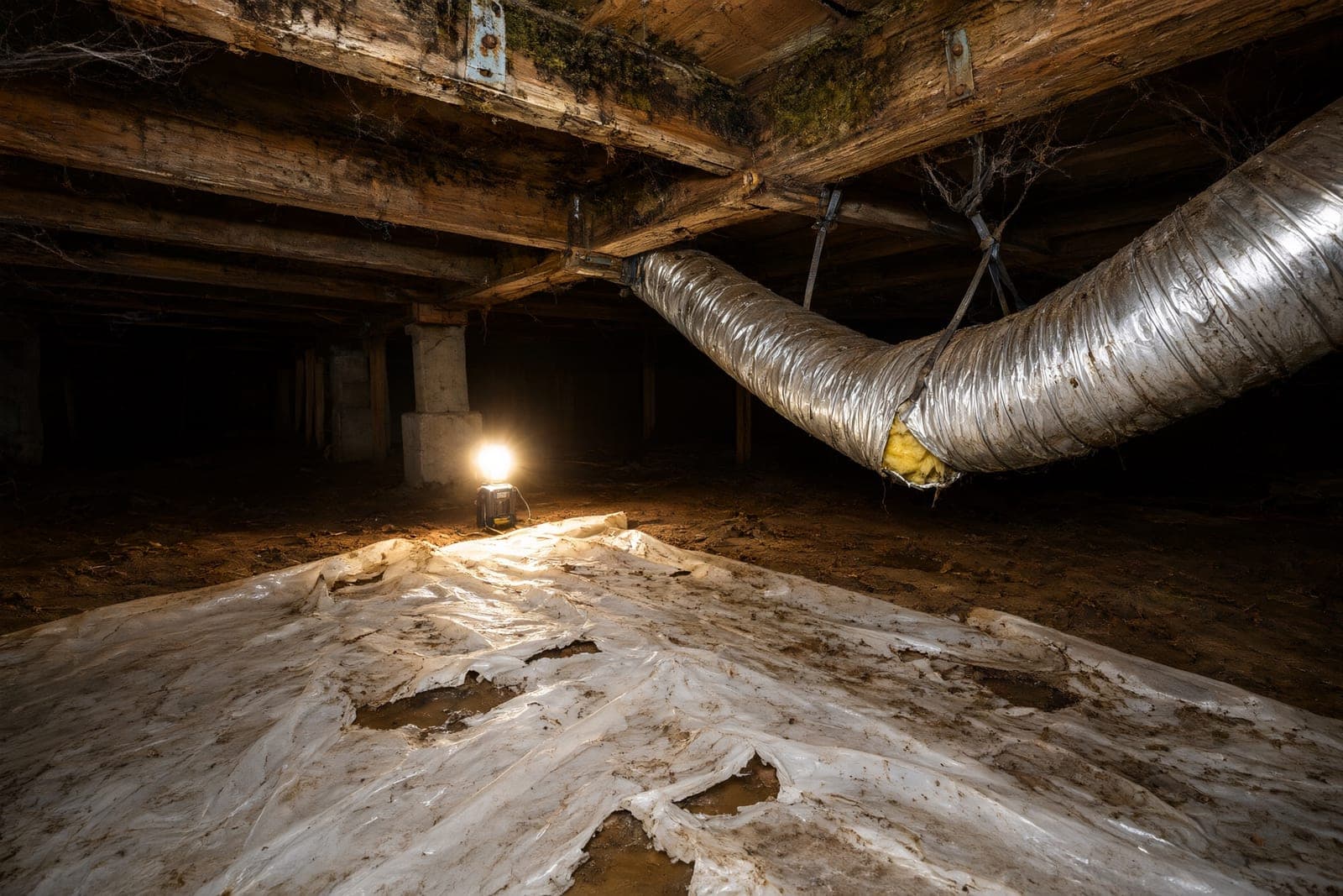 Crawl space with a torn plastic sheet on wet ground, moldy joists and a sagging insulated air duct