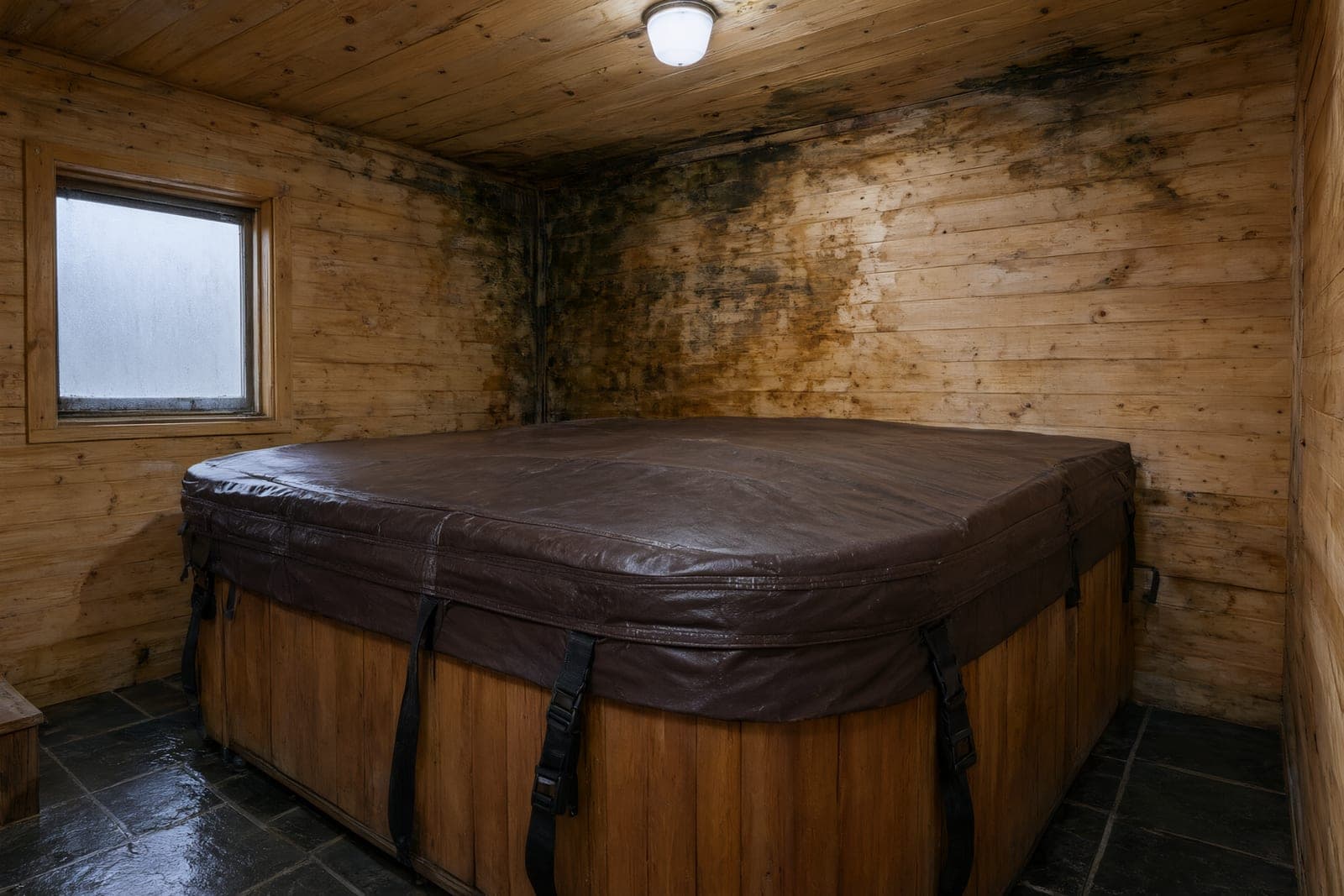 Indoor hot tub room with dark mold patches on the wood ceiling and walls