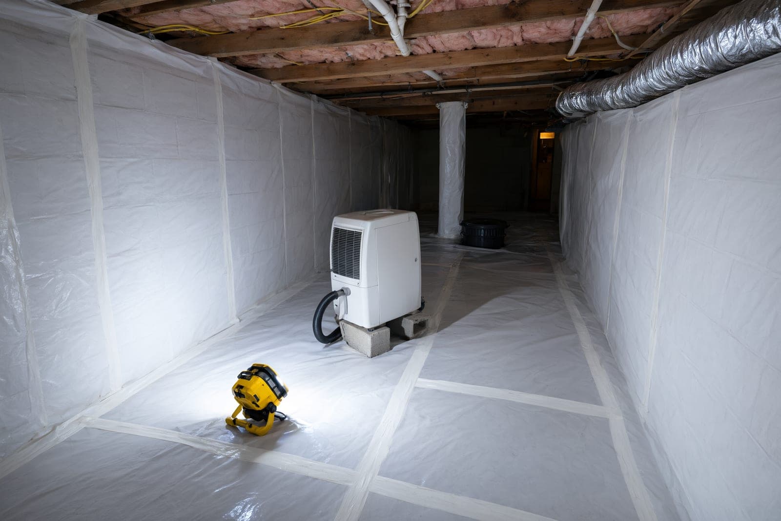 Encapsulated crawl space with a white liner on the floor and walls and a dehumidifier on blocks