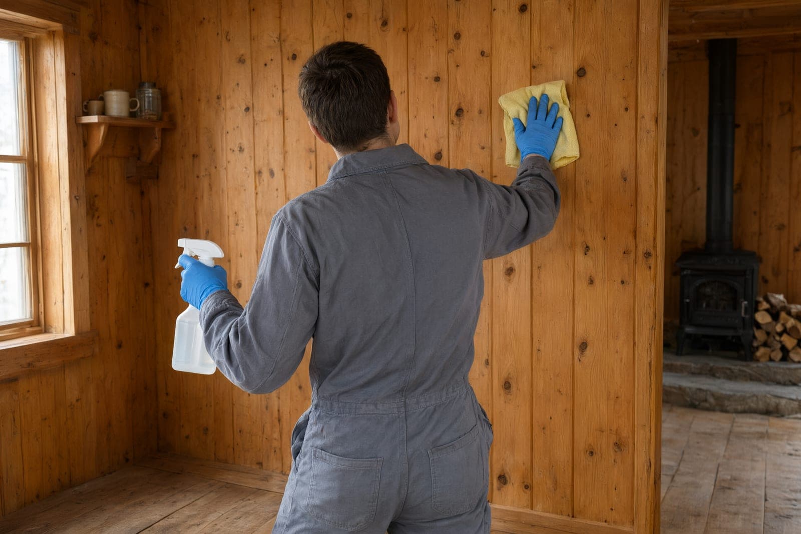 Worker in gray coveralls and blue gloves wiping knotty pine paneling with a cloth and spray bottle