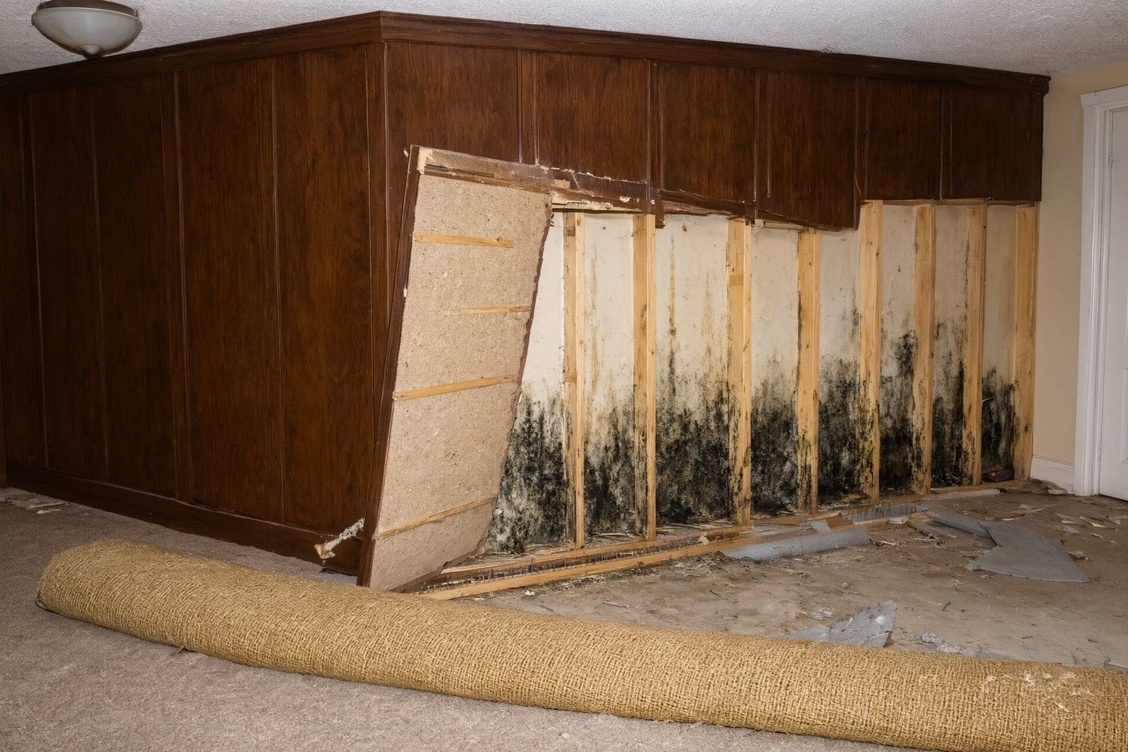 Lower-level family room with dark wood paneling pulled back to show black mold on the studs and wall behind