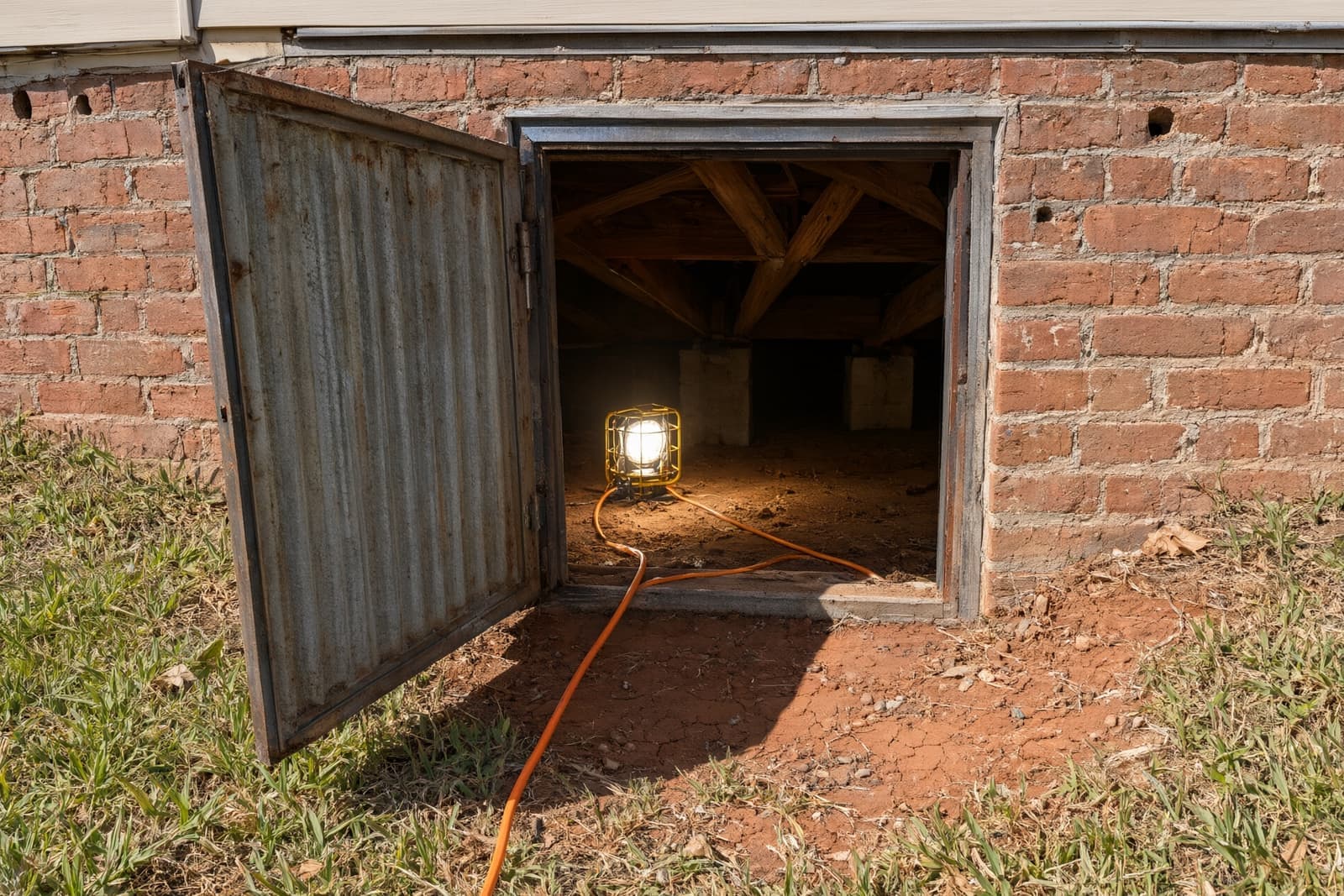 Open metal crawl space door in a brick foundation with a work light and an orange cord running inside