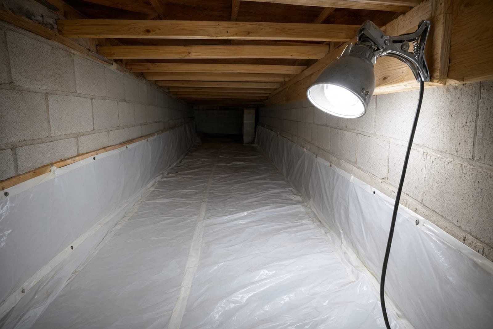 Clean crawl space with new white vapor barrier over the ground and up the block walls under clean joists