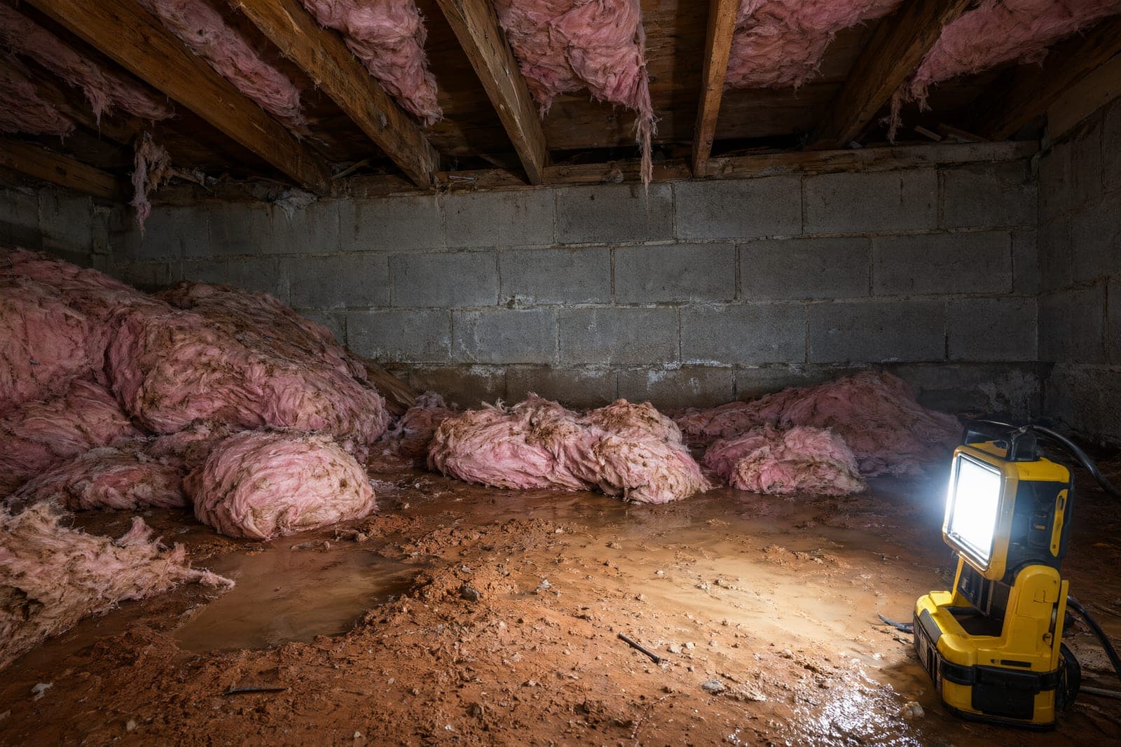 Crawl space with muddy puddles and fallen pink insulation after flooding, lit by a work light
