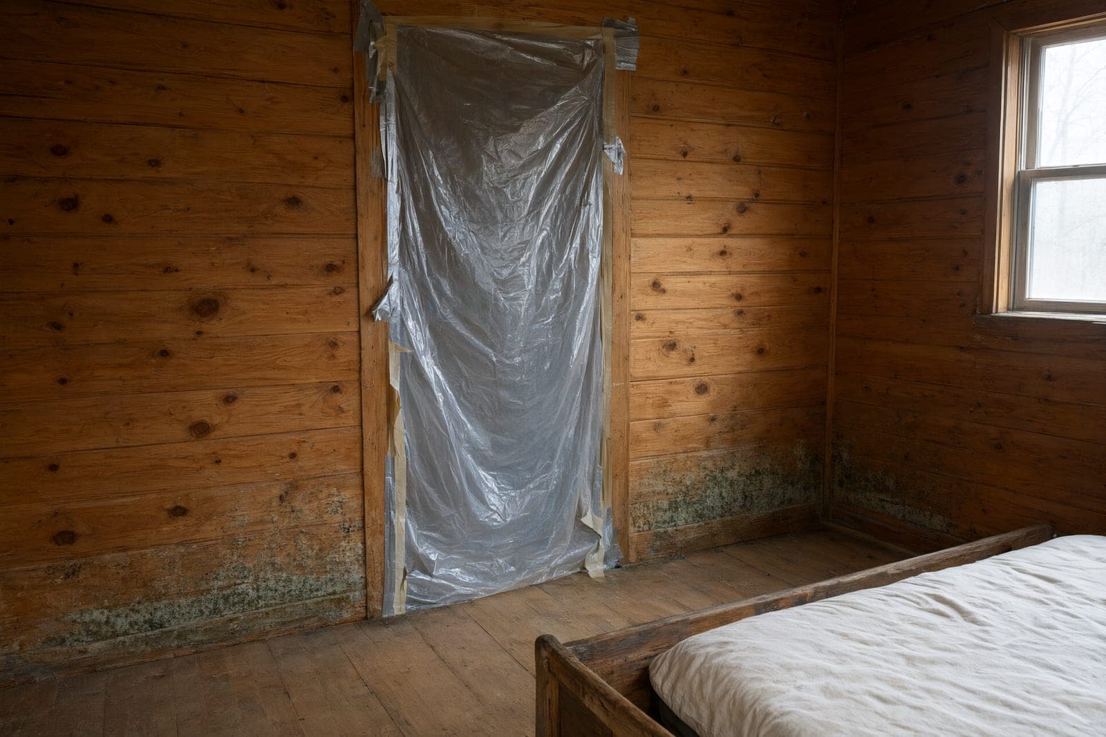 Cabin bedroom with knotty pine paneling, mold along the lower boards and plastic over the doorway