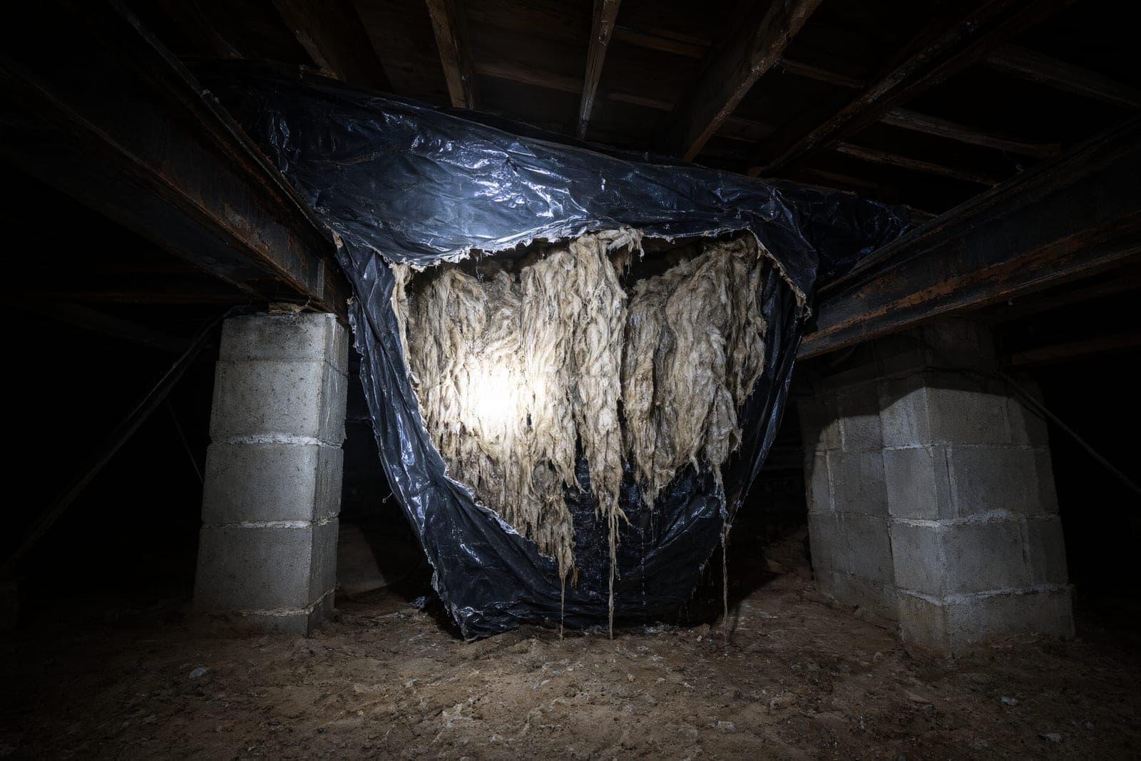 Torn black belly wrap with wet insulation hanging under a manufactured home between block piers
