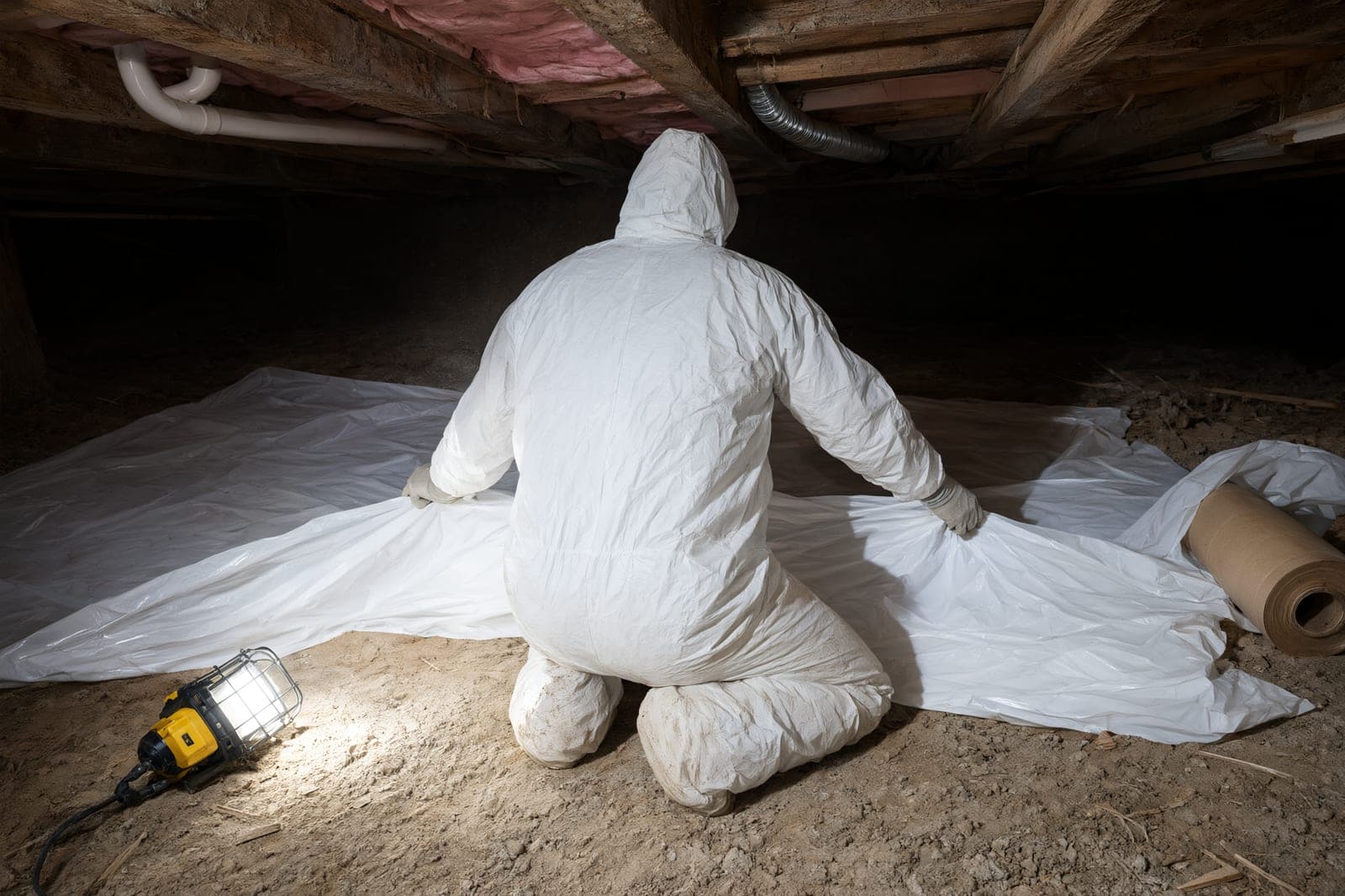 Worker in white coveralls kneeling to spread a new white vapor barrier in a crawl space