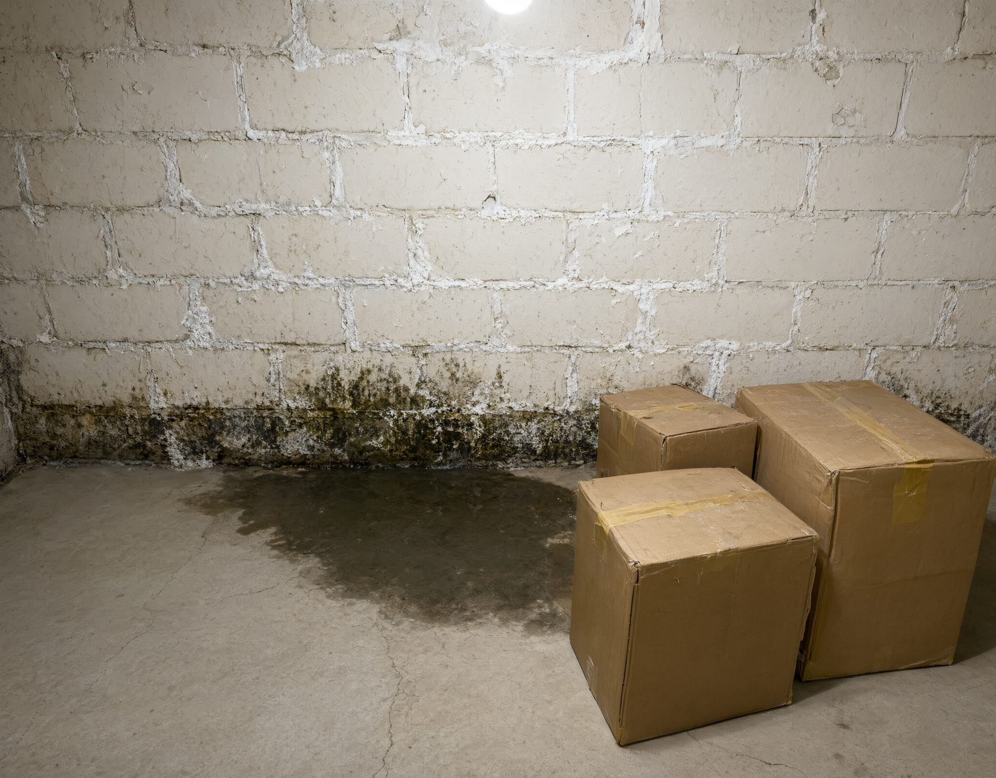 Basement block wall with white efflorescence and dark mold patches near a damp floor