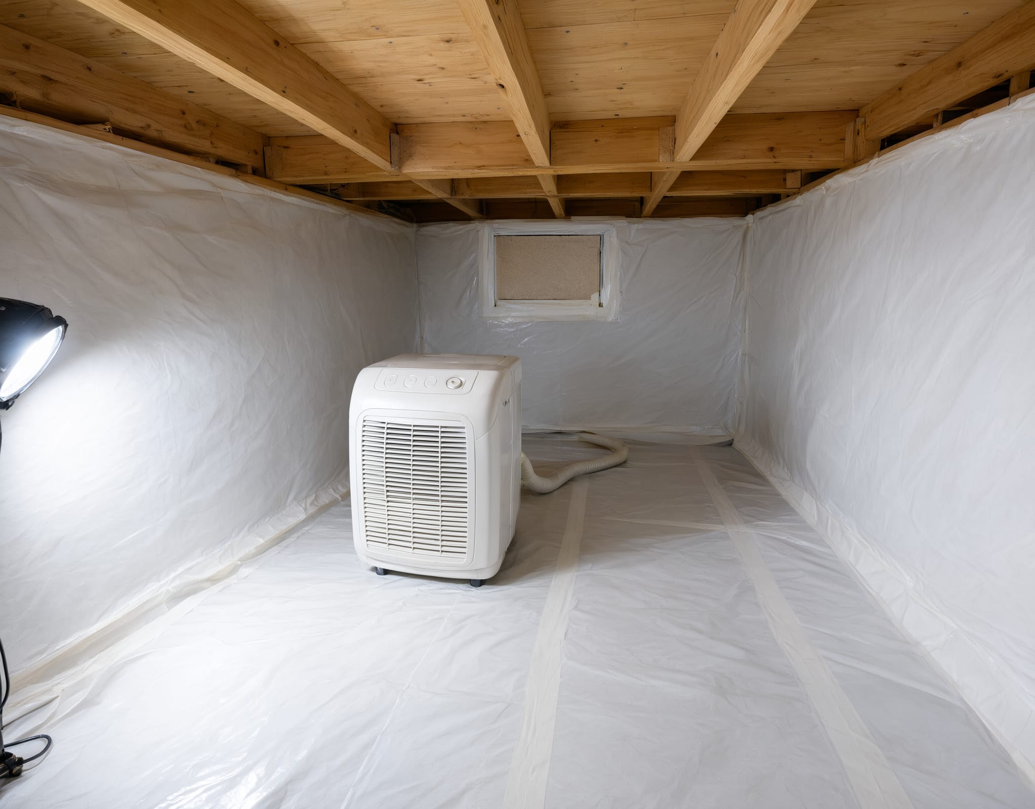 Sealed crawl space with a white liner on floor and walls and a crawl space dehumidifier
