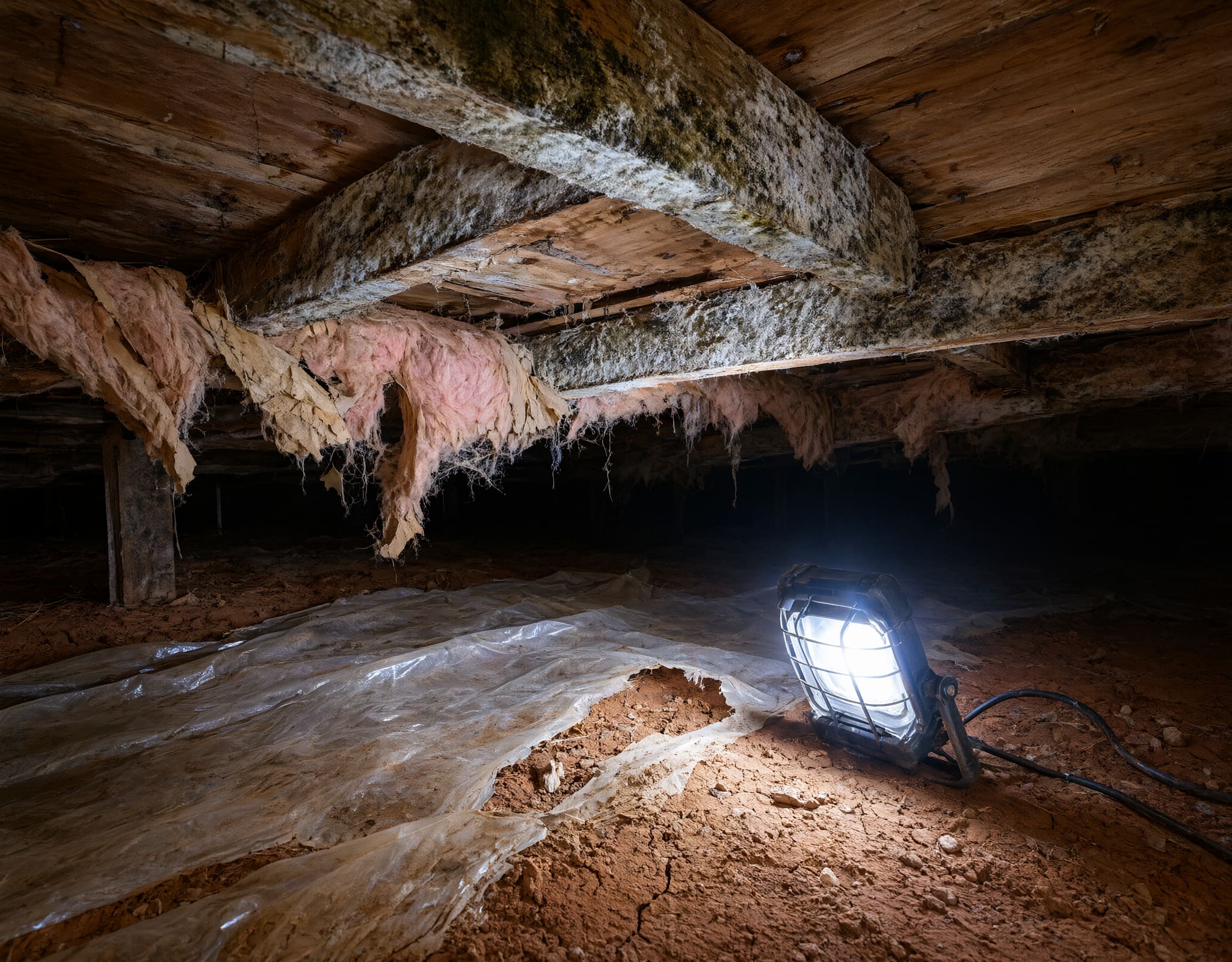 White and dark mold on crawl space floor joists above a red clay floor with a torn plastic sheet