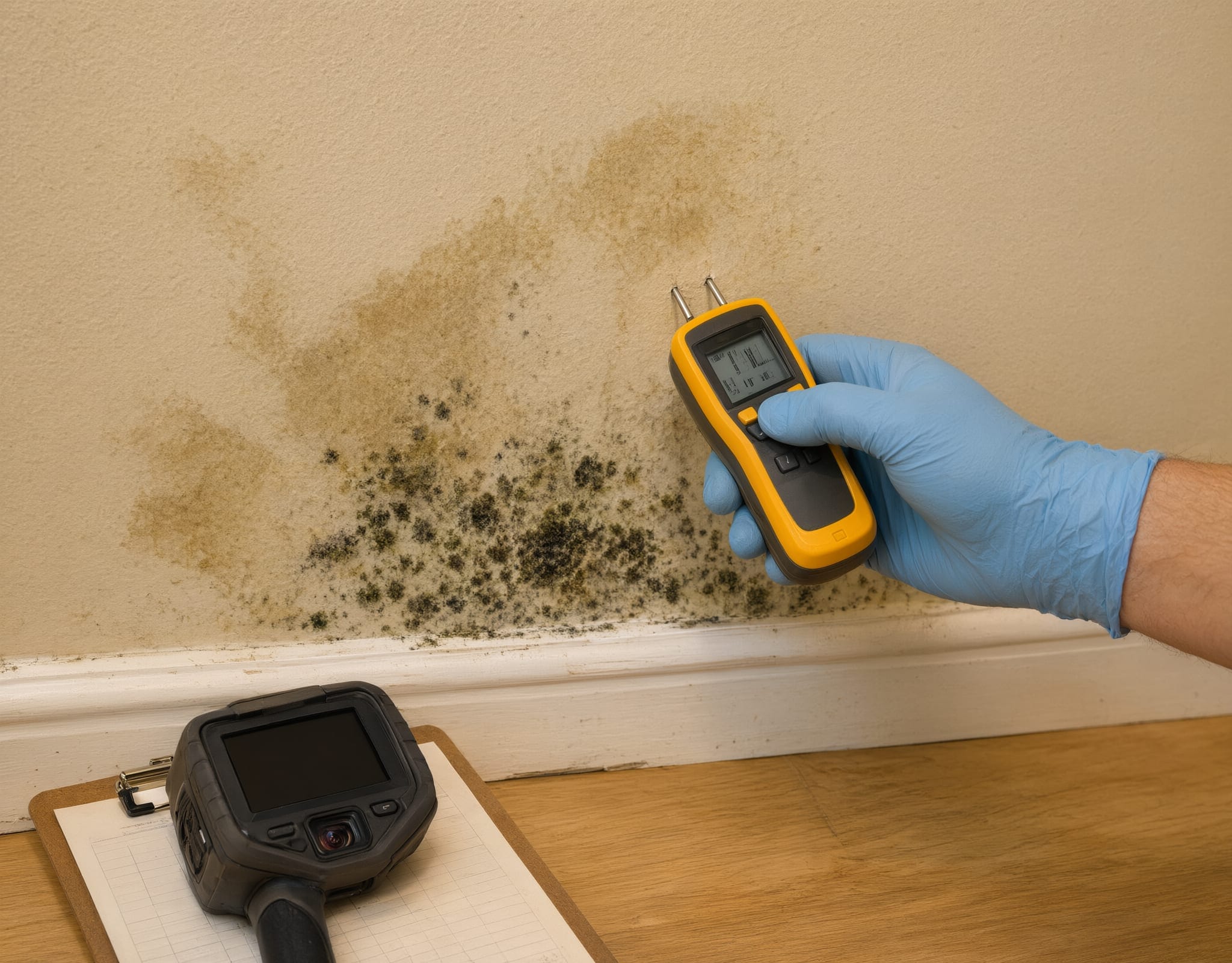 Mold inspection: a hand pressing a moisture meter against a stained hallway wall with small mold spots